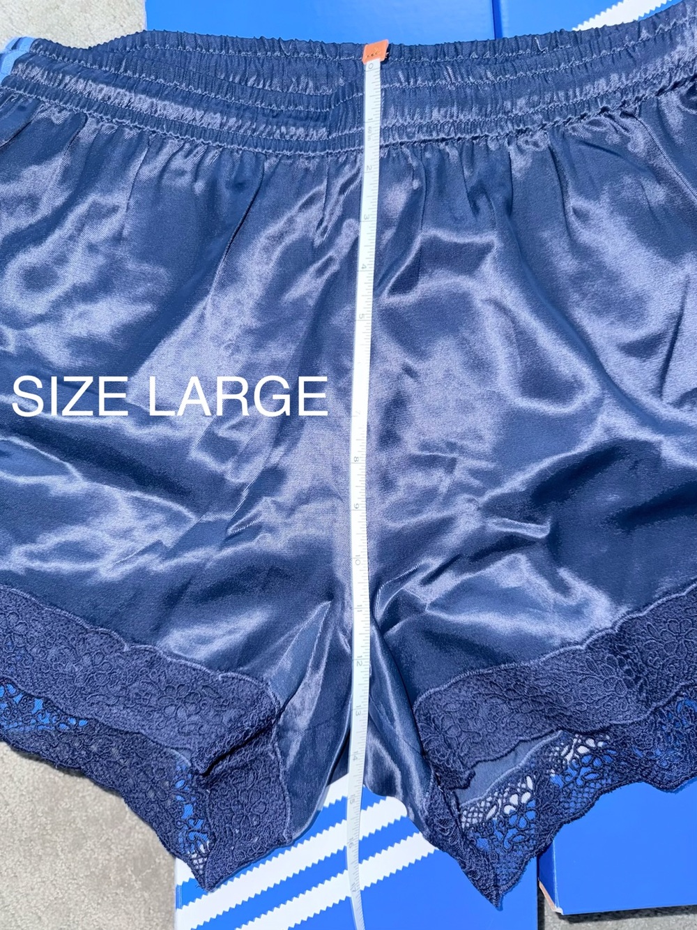 NWT adidas Originals × ASOS lace hem shorts in pale blue satin - Picture 12 of 13